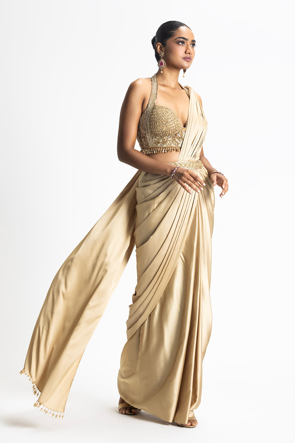 Gold Satin Pre-Draped Saree