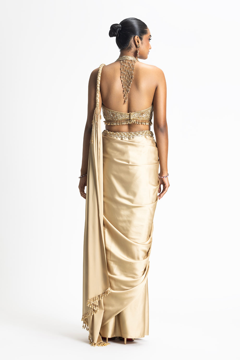 Gold Satin Pre-Draped Saree