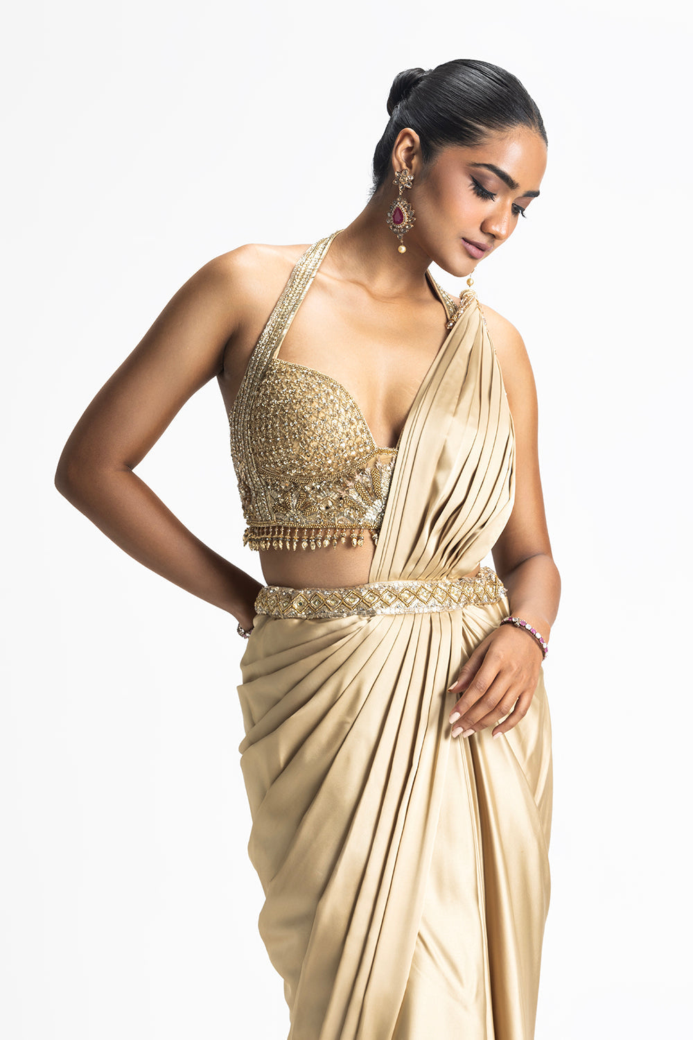 Gold Satin Pre-Draped Saree