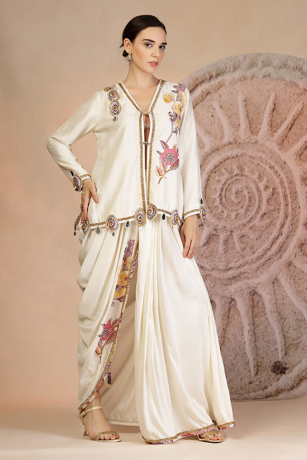 Golden Beige Draped Dhoti Pants Set with Button-Down Blouse & Patchwork Detailing