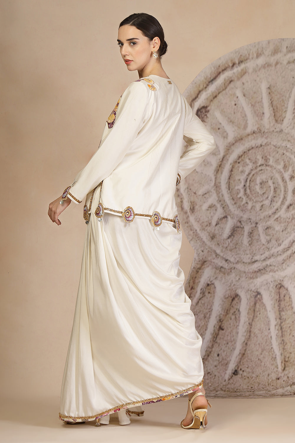 Golden Beige Draped Dhoti Pants Set with Button-Down Blouse & Patchwork Detailing