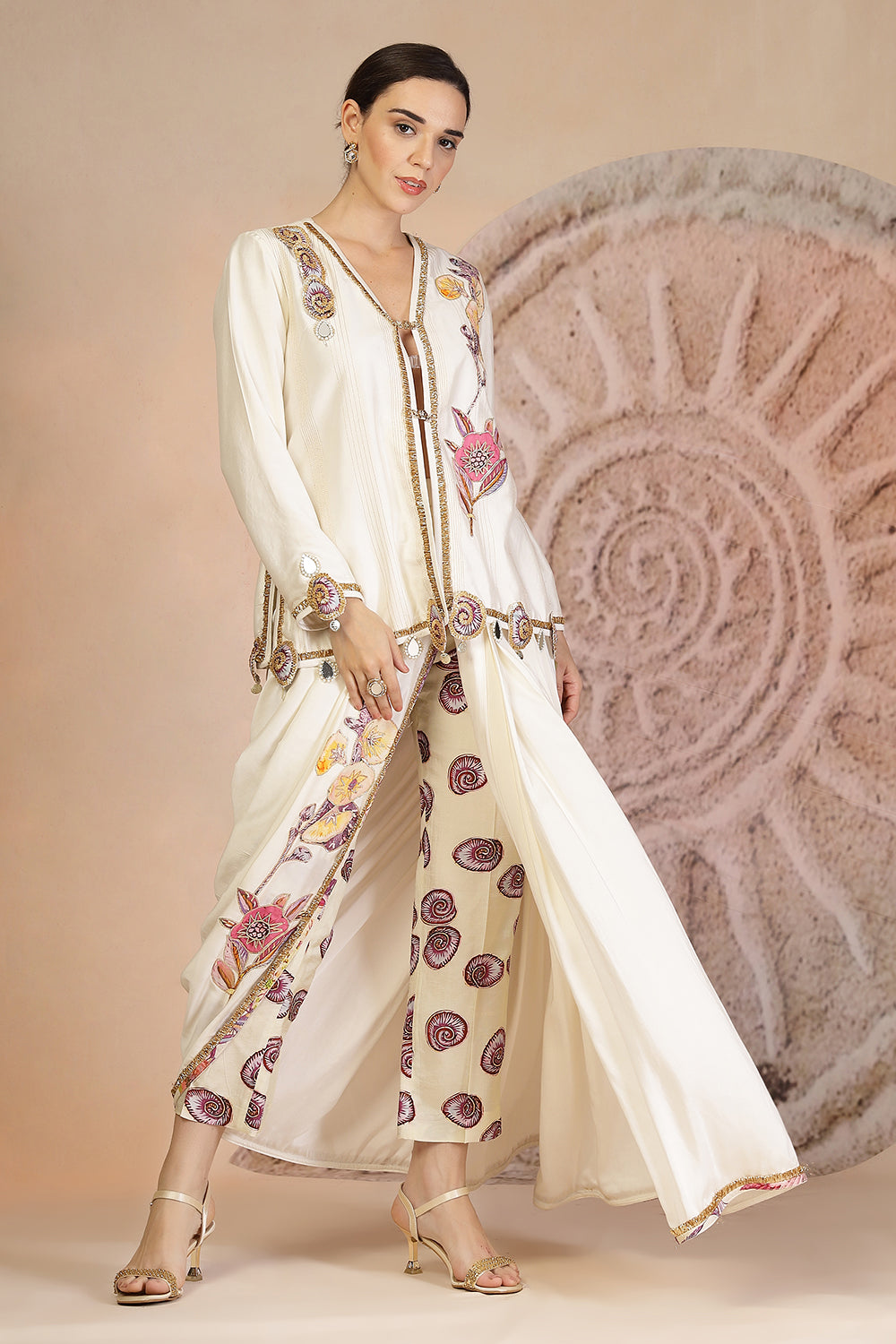 Golden Beige Draped Dhoti Pants Set with Button-Down Blouse & Patchwork Detailing
