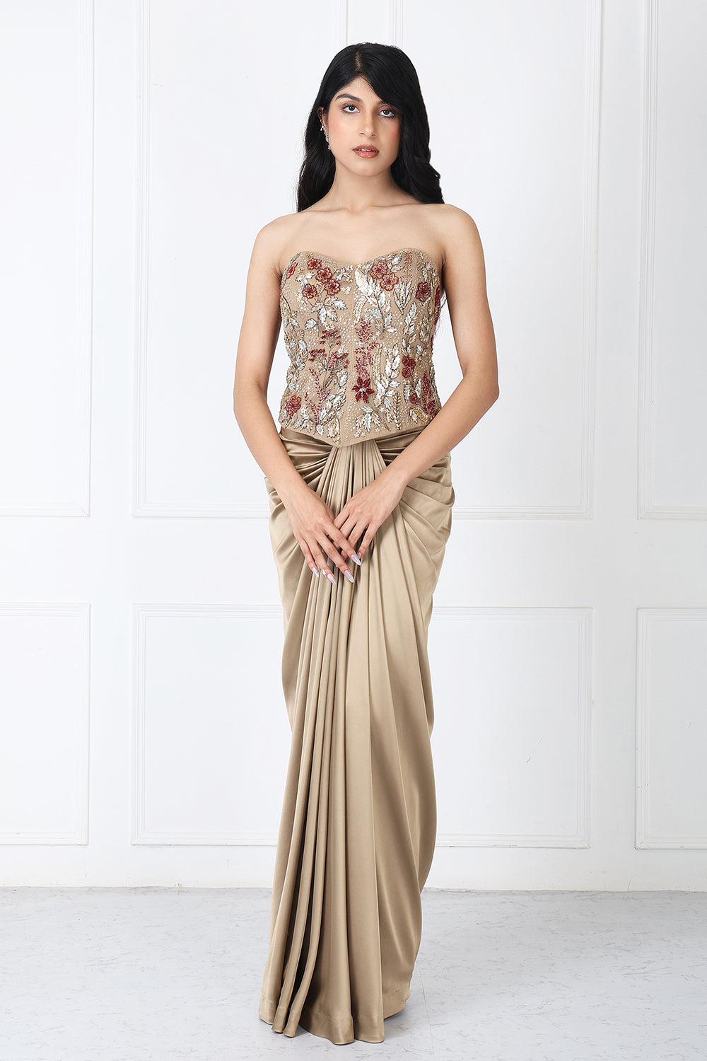 Golden Brown Drape Skirt With Embroidered Corset
