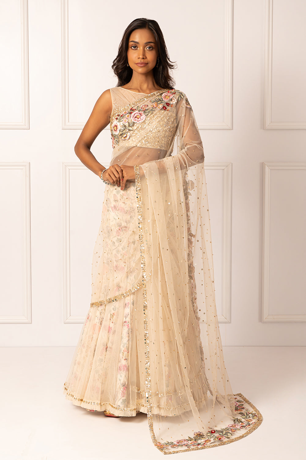 Golden embroidered drape saree set