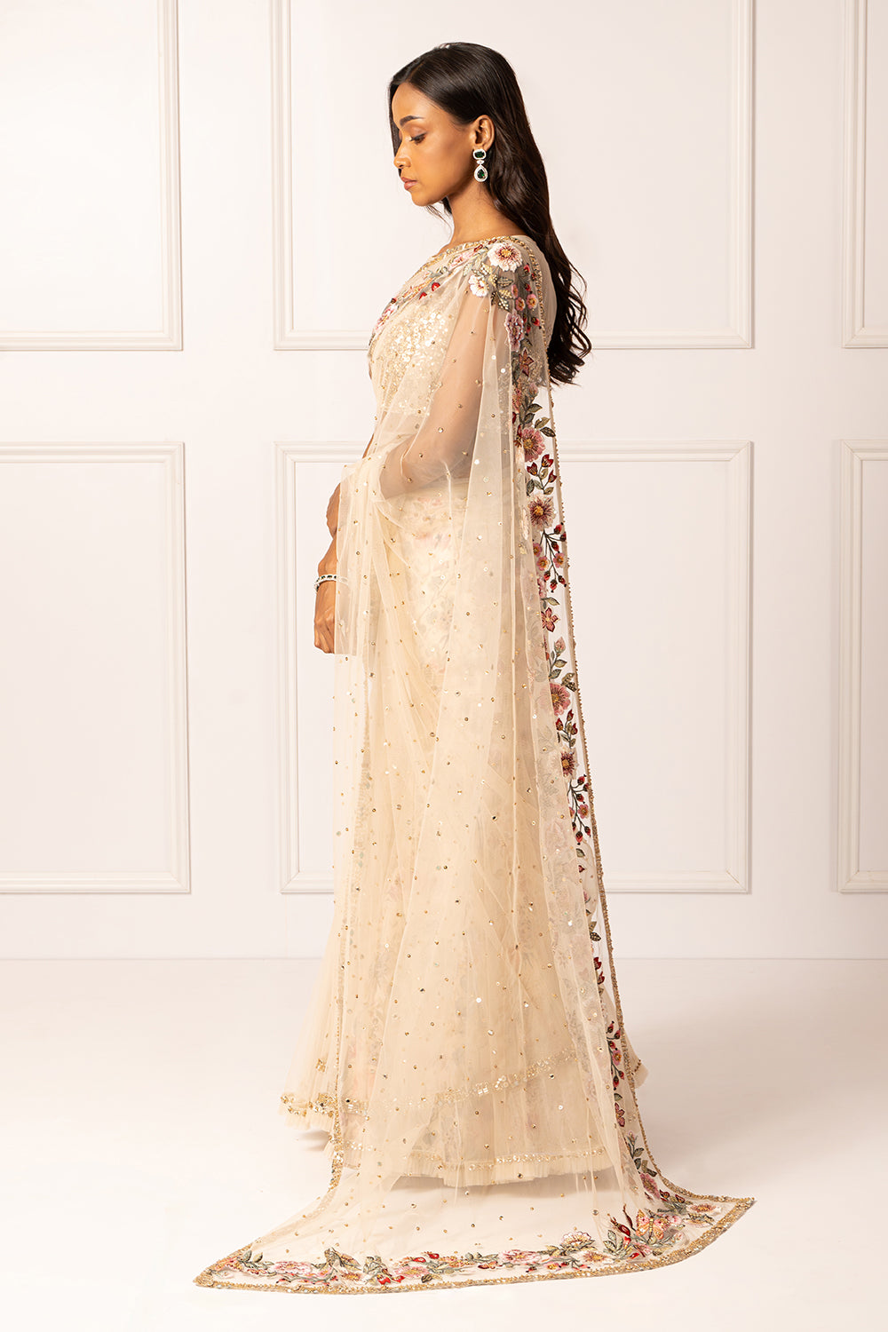 Golden embroidered drape saree set