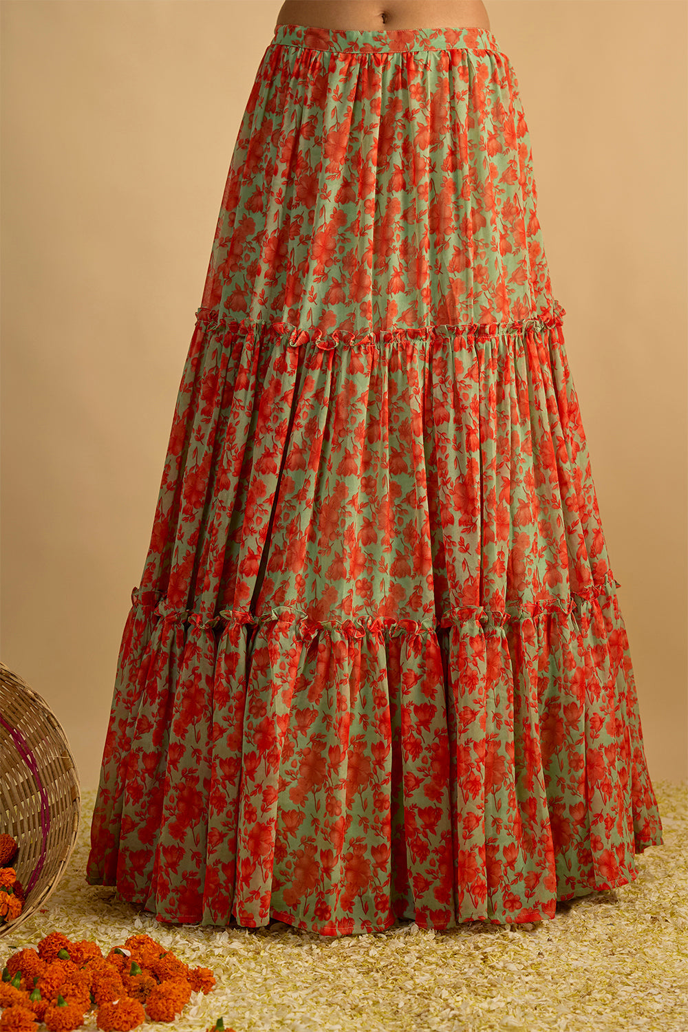 Green and Orange Floral Printed Hand Embroidered Corset with Gathered Lehenga and Shaded hand embellished organza dupatta