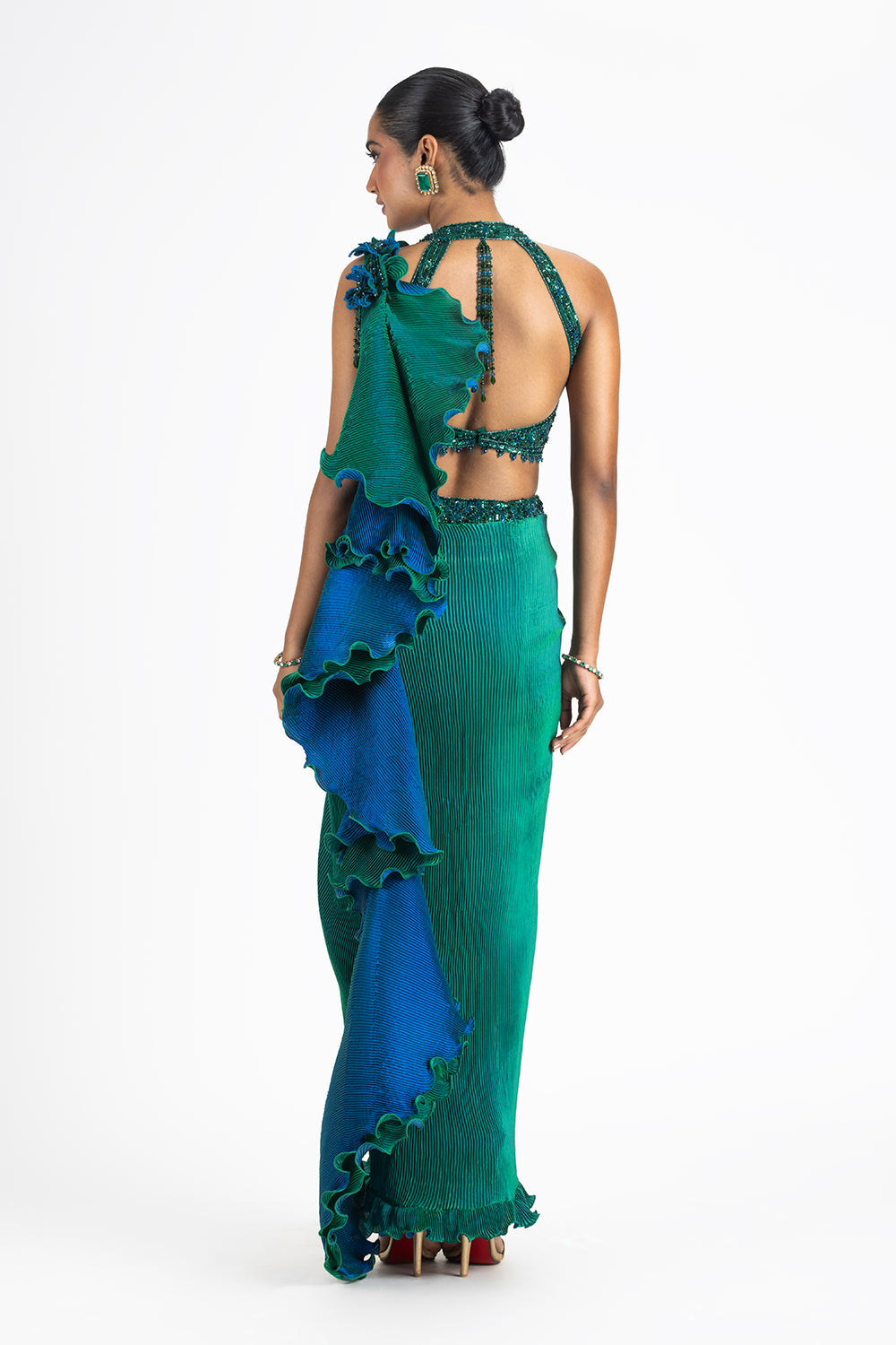 Green Blue Reversible Pleated Fabric Saree