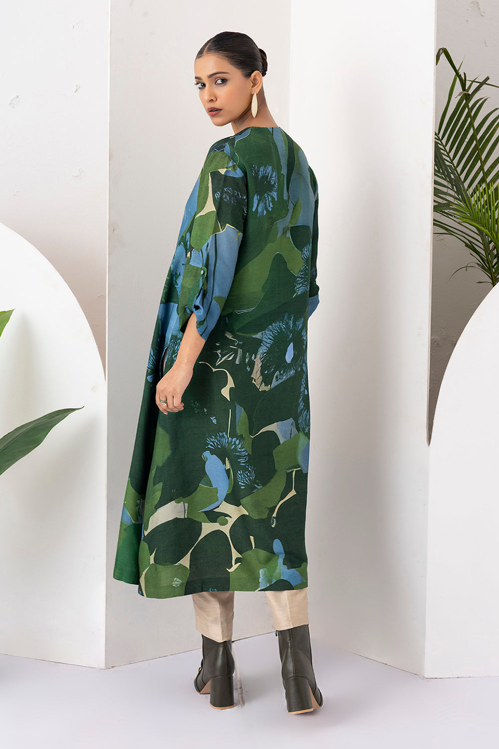 Green & Blue Viscose Dupion Printed Dress