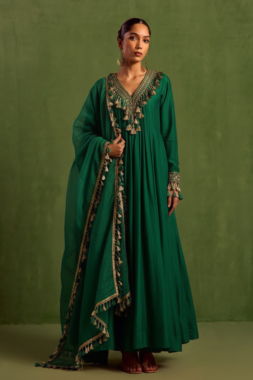 Green Chanderi Silk Hand Embroidered Kurta Set