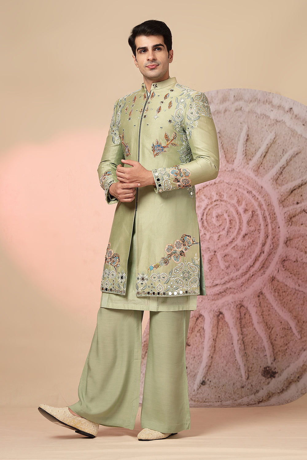 Green Embroidered Kurta with Jacket and Palazzo Pant