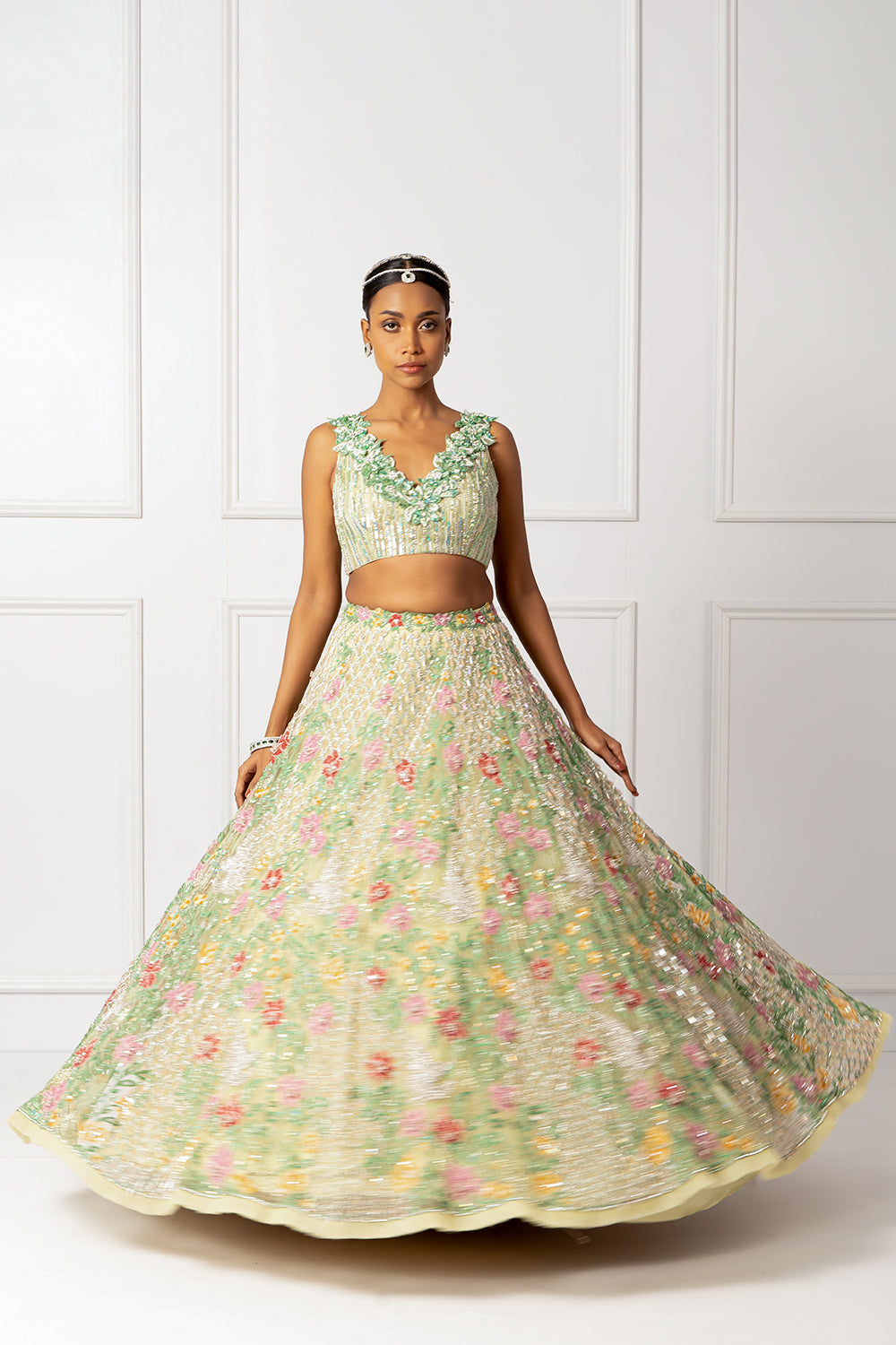 Green floral 3D lehenga set