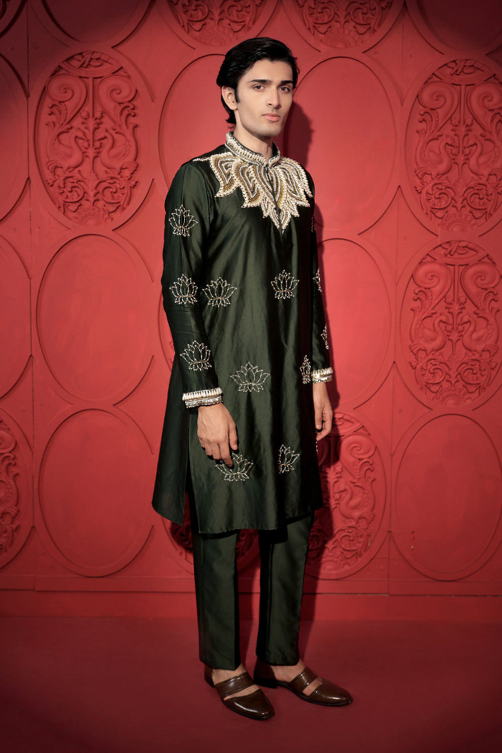 Green Lotus Embroidered Kurta Set