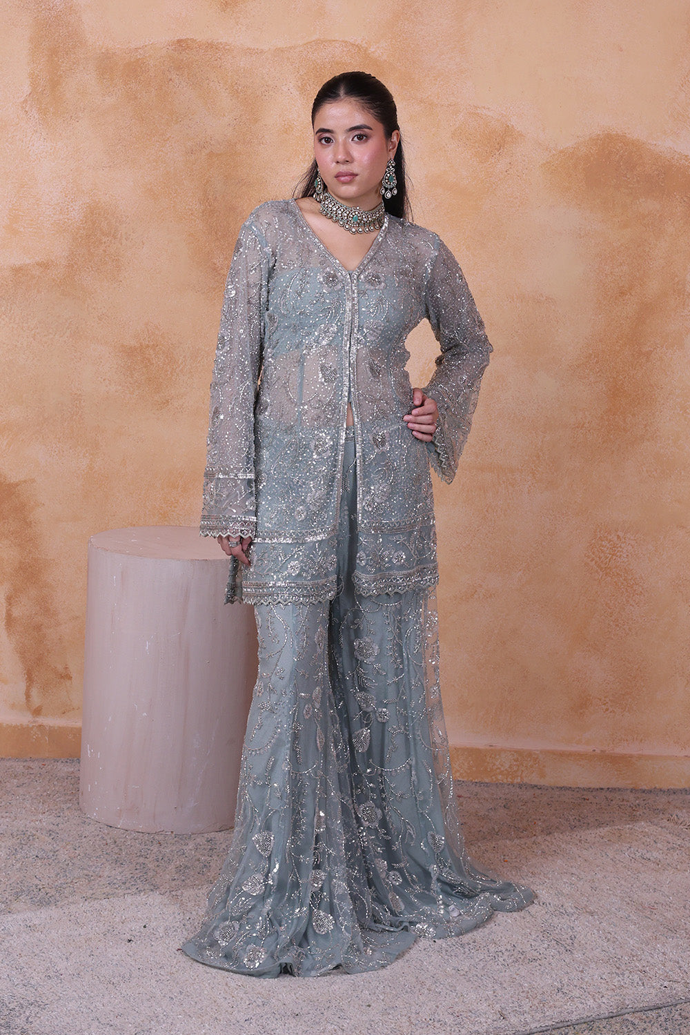 Green Pant with Embellished Full Sleeve Top
