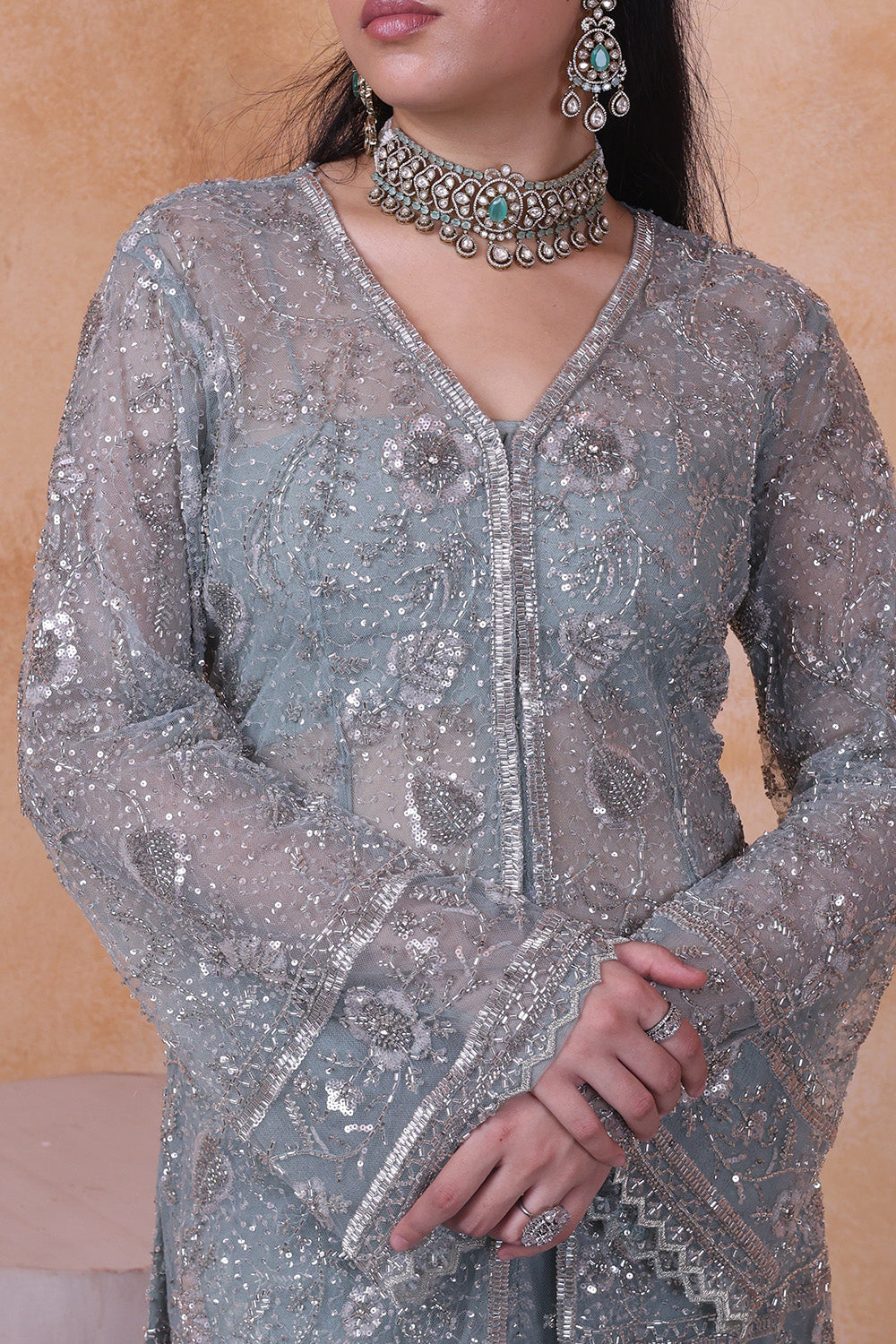 Green Pant with Embellished Full Sleeve Top