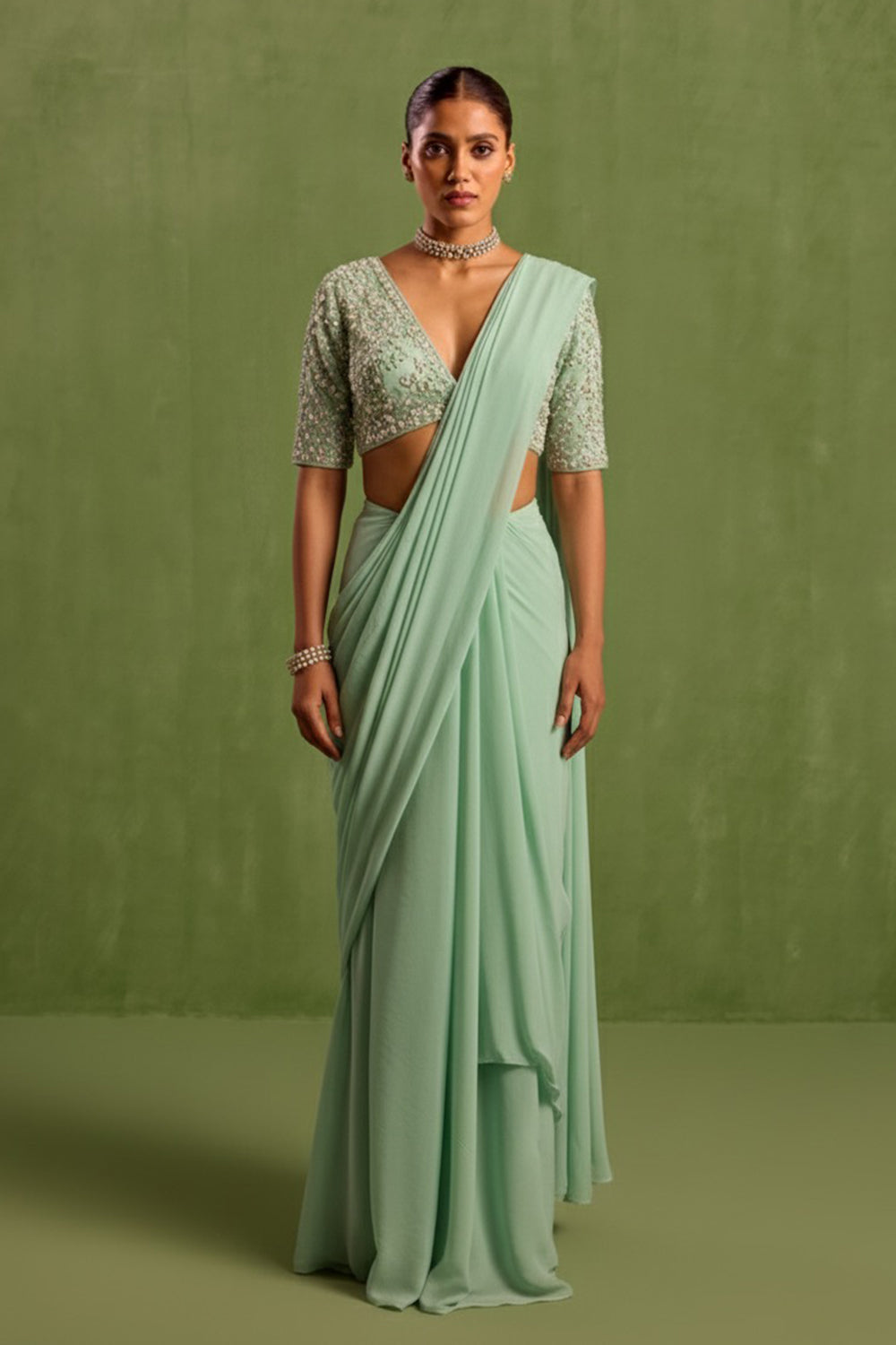 Green Pre Draped Saree Set