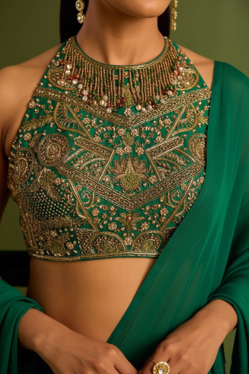 Green Pre Draped Saree Set