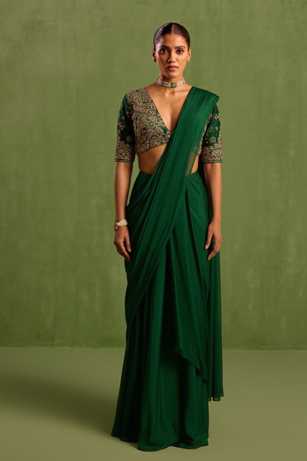 Green Pre Draped Saree Set
