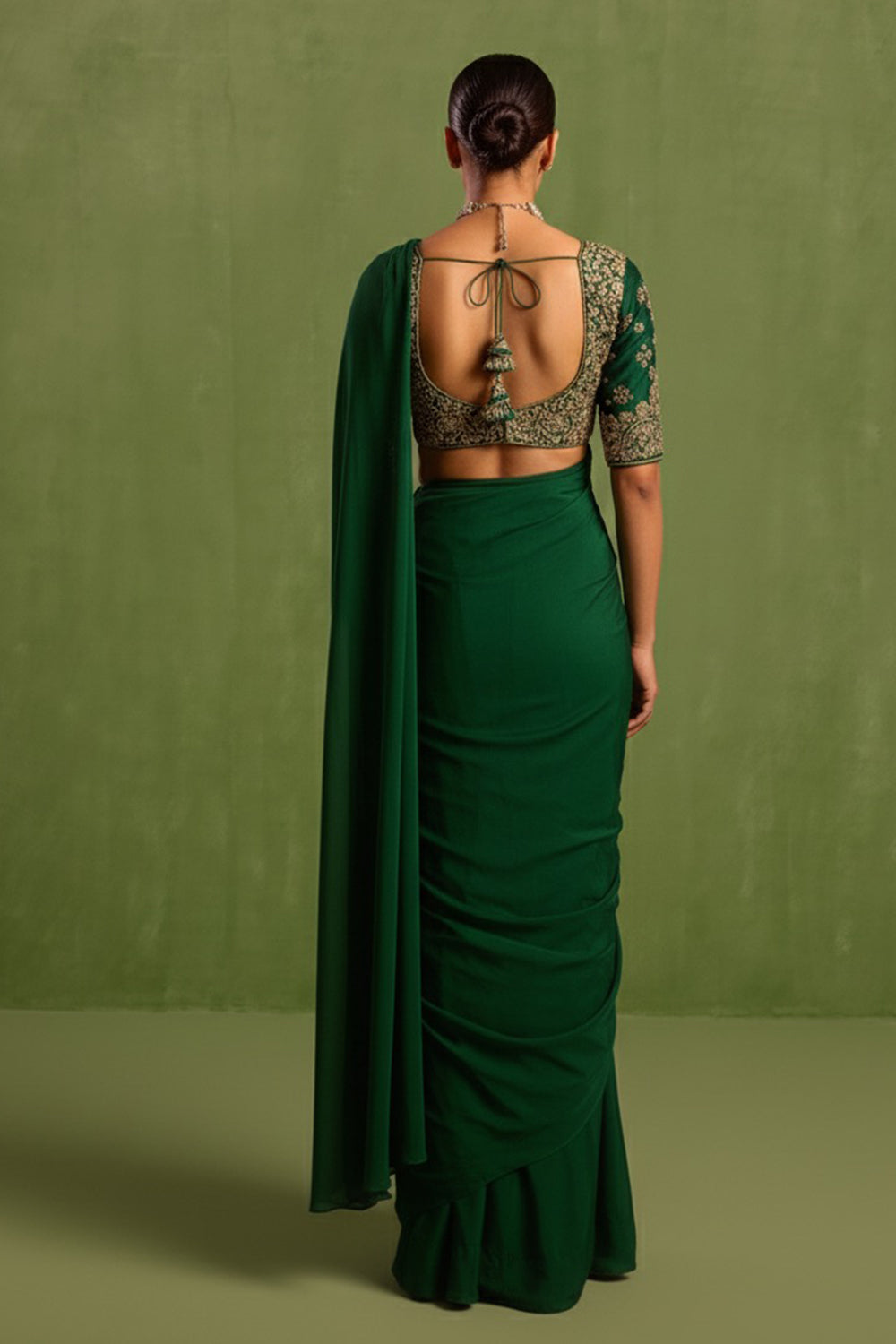 Green Pre Draped Saree Set