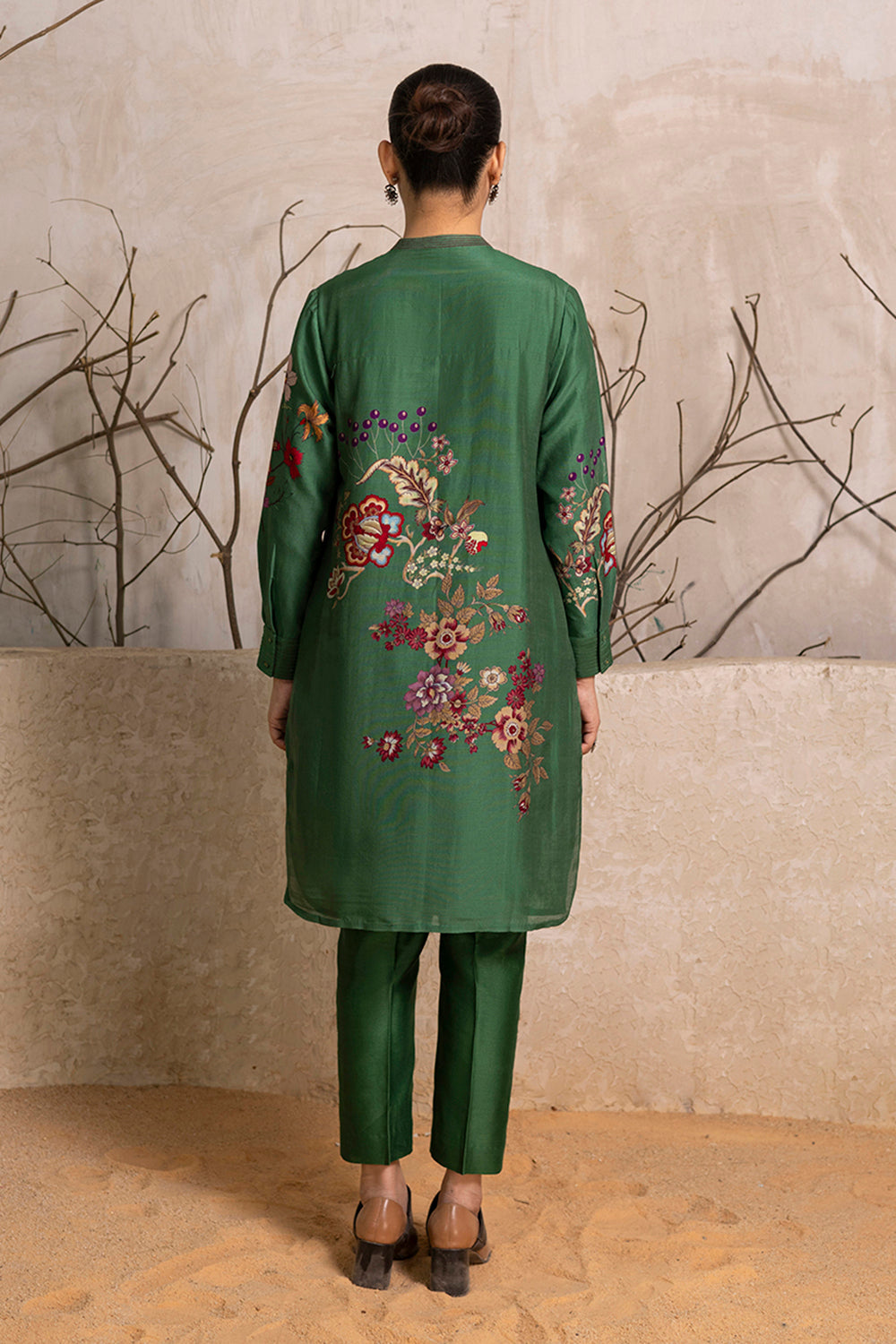 Green Silk Chanderi Floral Printed Shirt Style Tunic