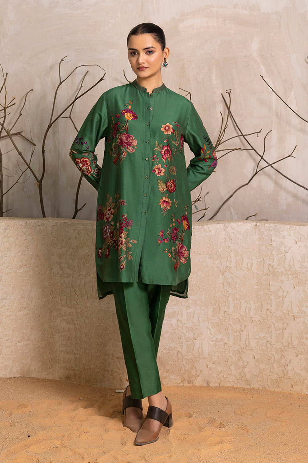 Green Silk Chanderi Floral Printed Shirt Style Tunic