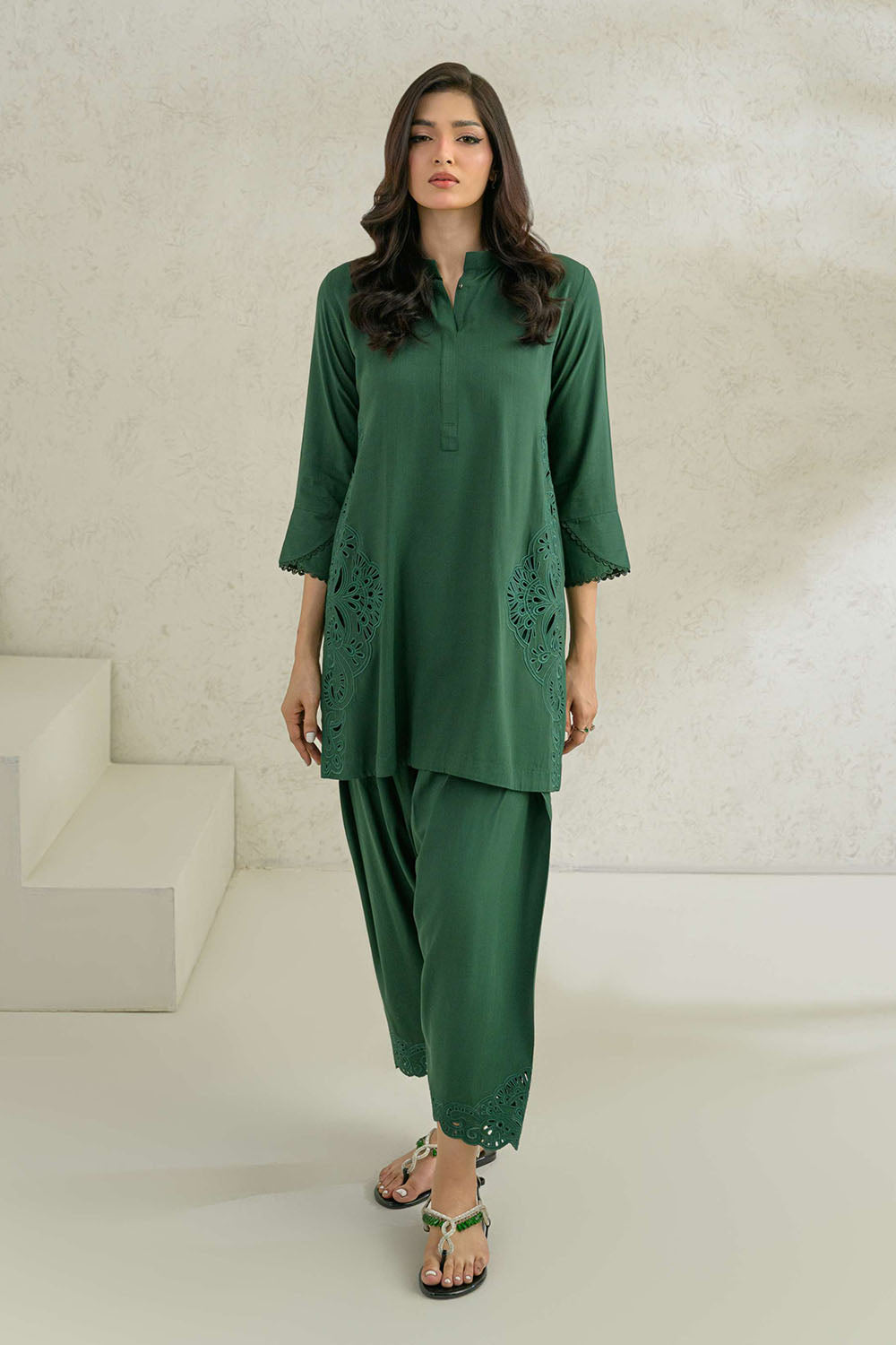 Green Solid Cutwork Co-Ord Sets