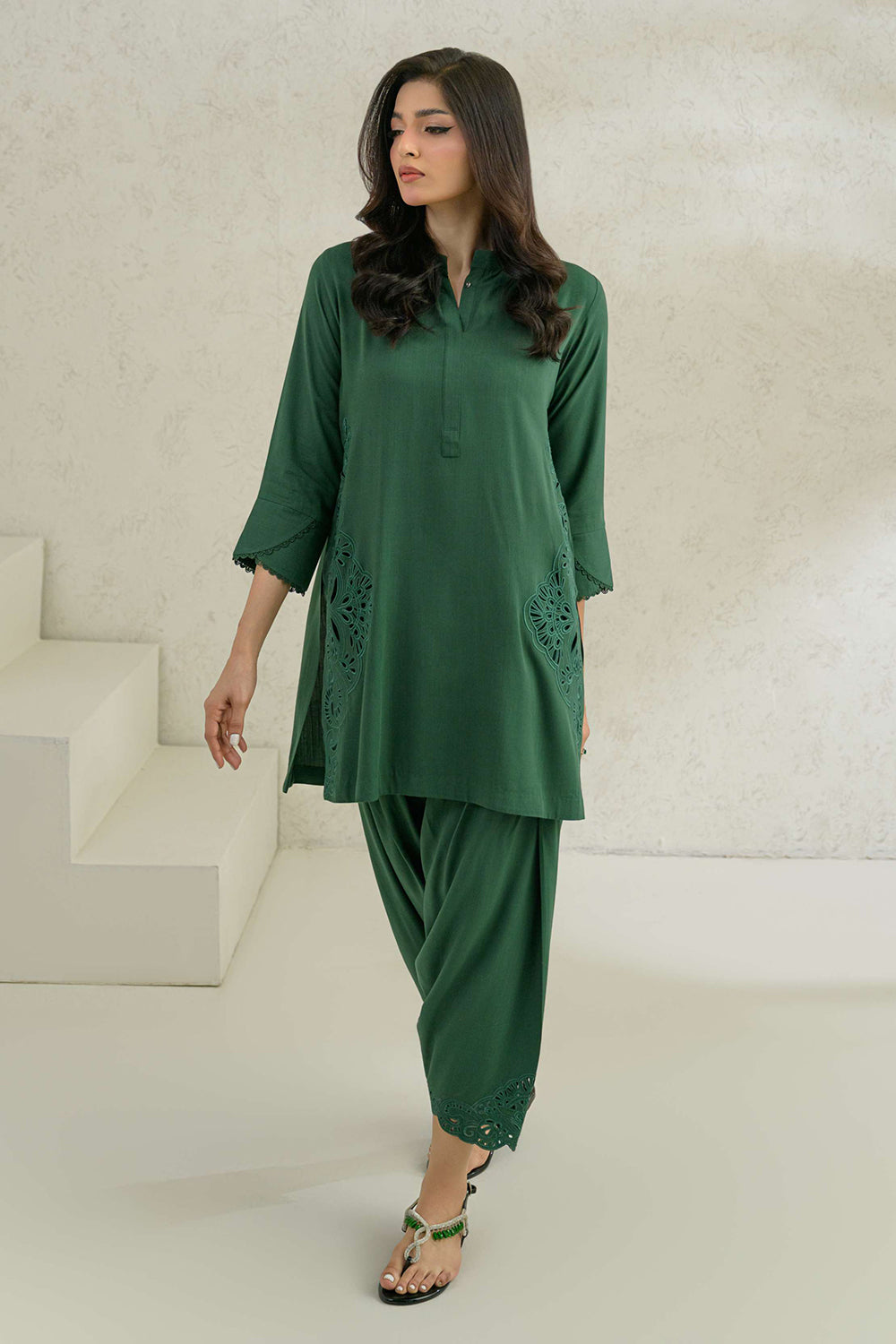 Green Solid Cutwork Co-Ord Sets