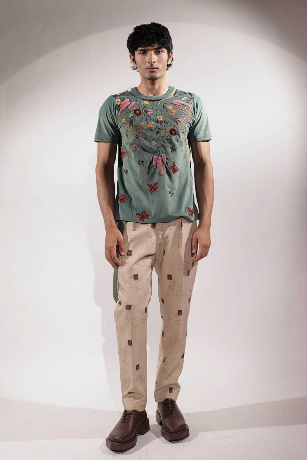 Green Suede Floral Embroidered T-shirt