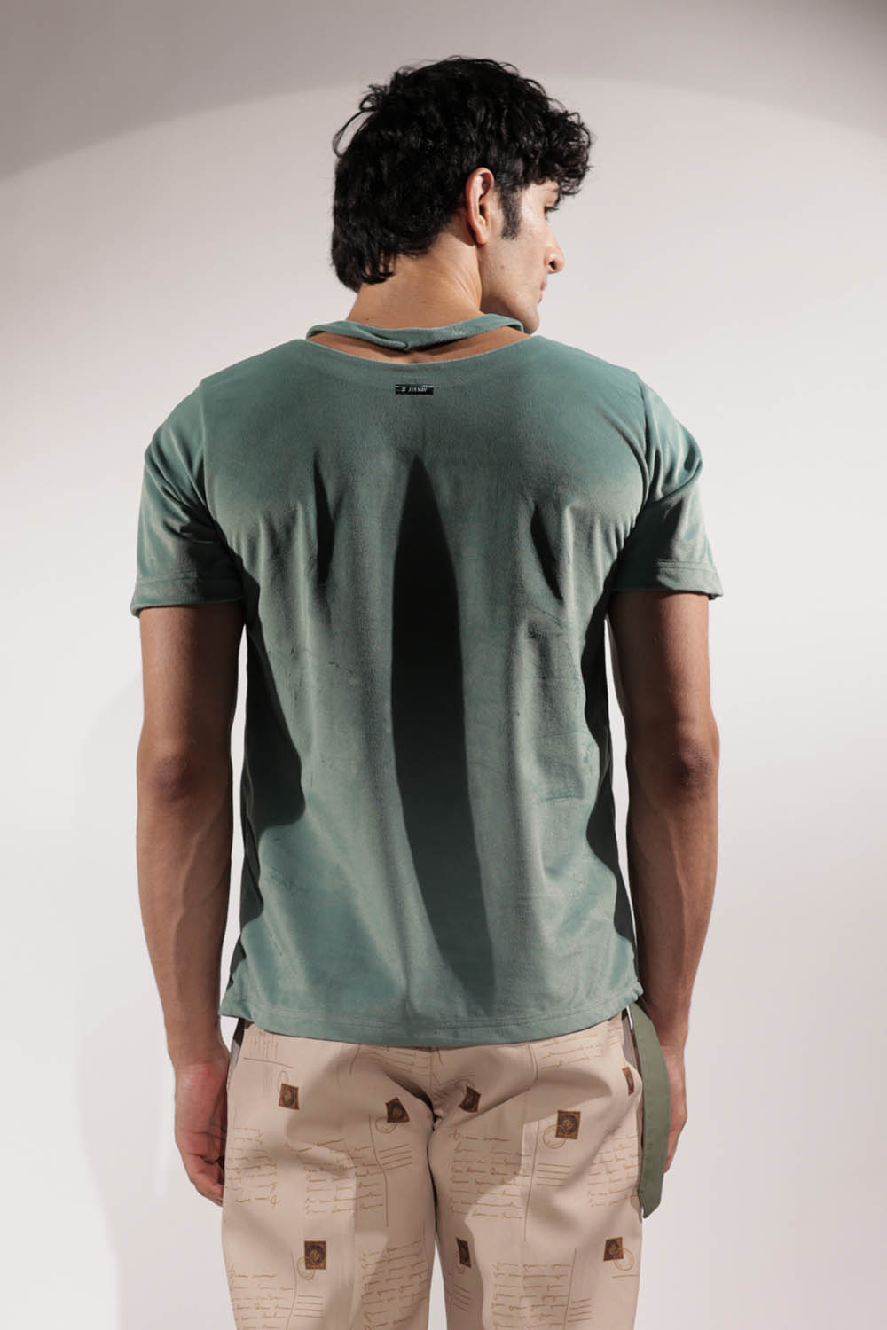 Green Suede Floral Embroidered T-shirt