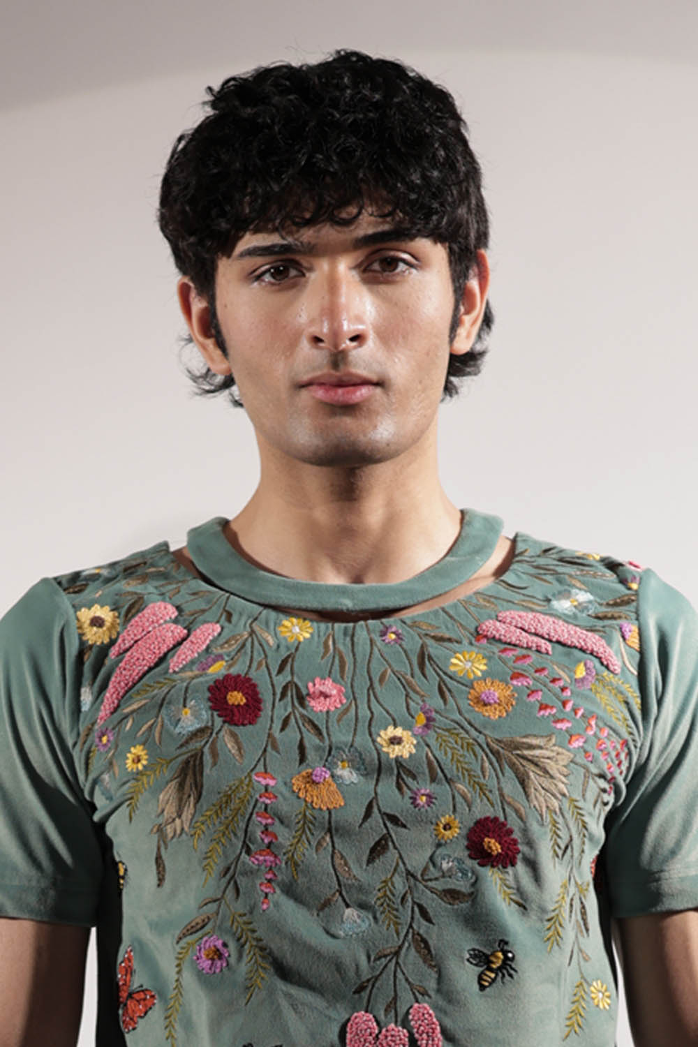 Green Suede Floral Embroidered T-shirt