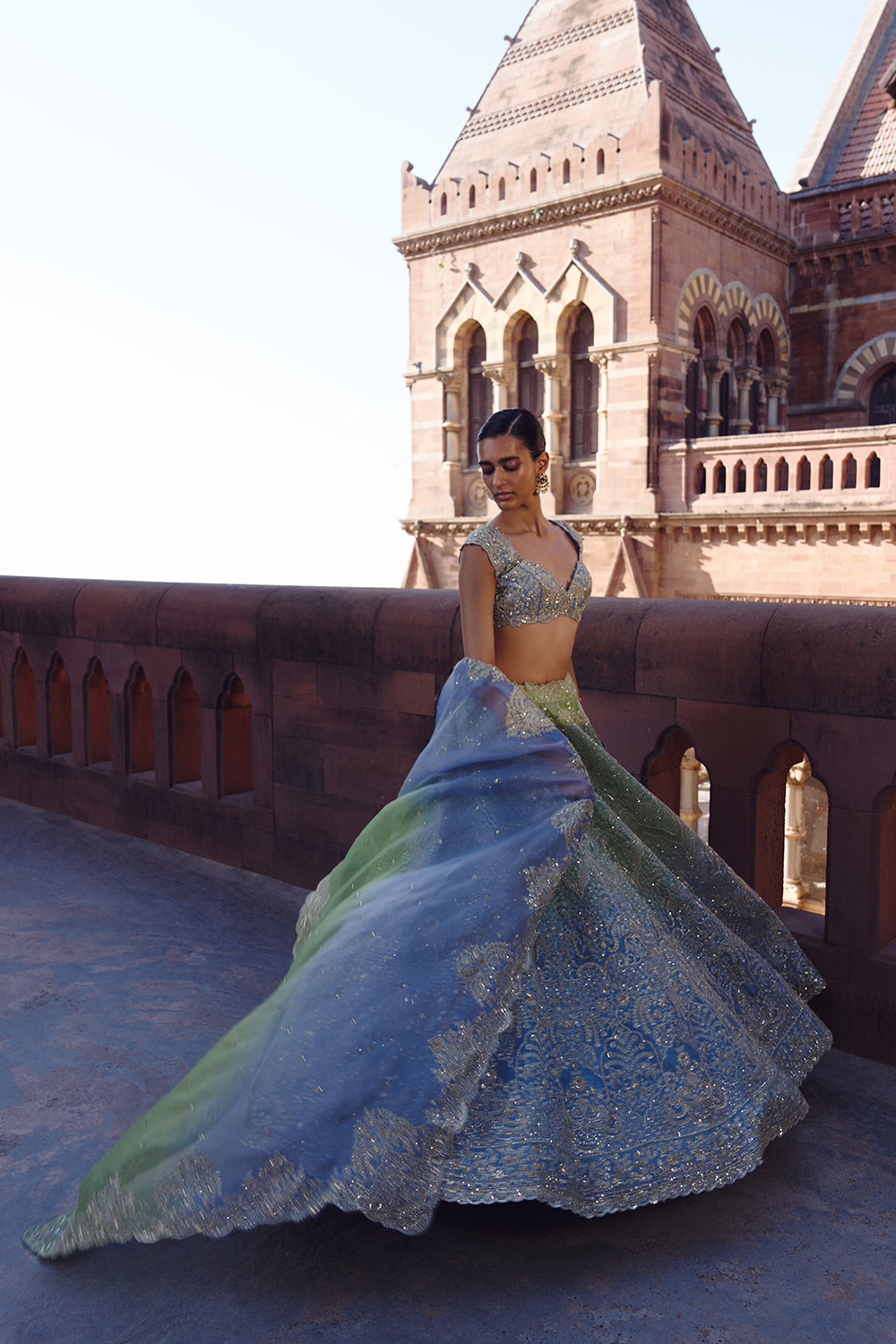 Green To Blue Ombre Crystal Lehenga Set