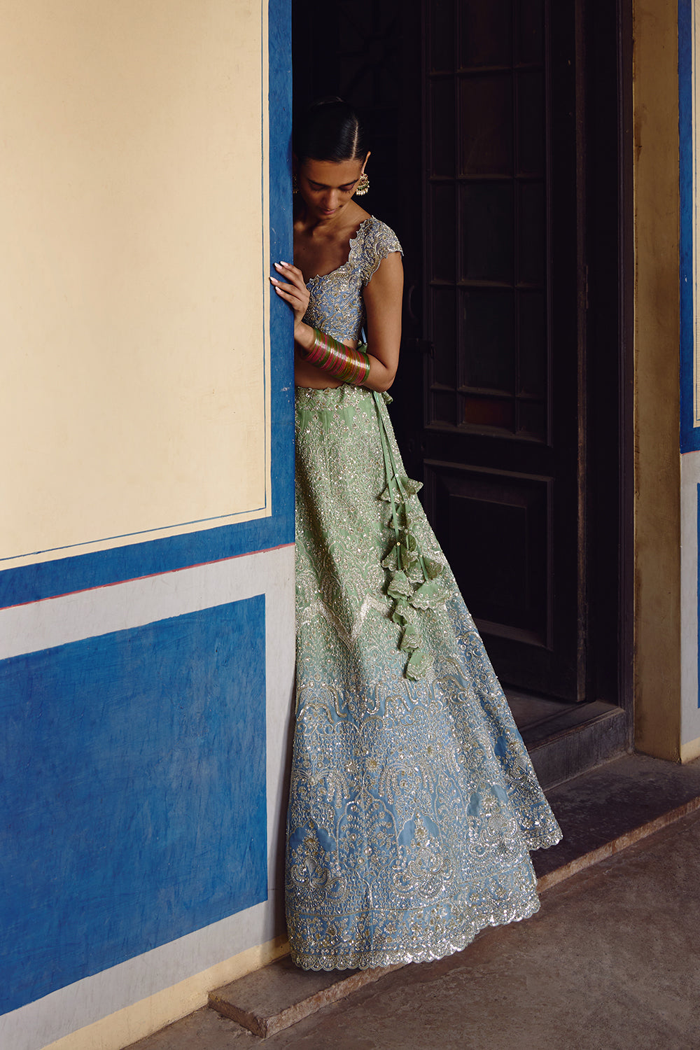Green To Blue Ombre Crystal Lehenga Set