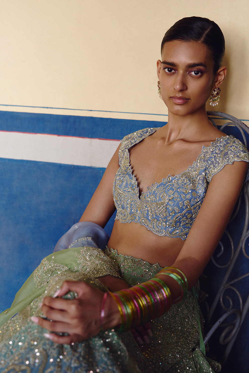 Green To Blue Ombre Crystal Lehenga Set