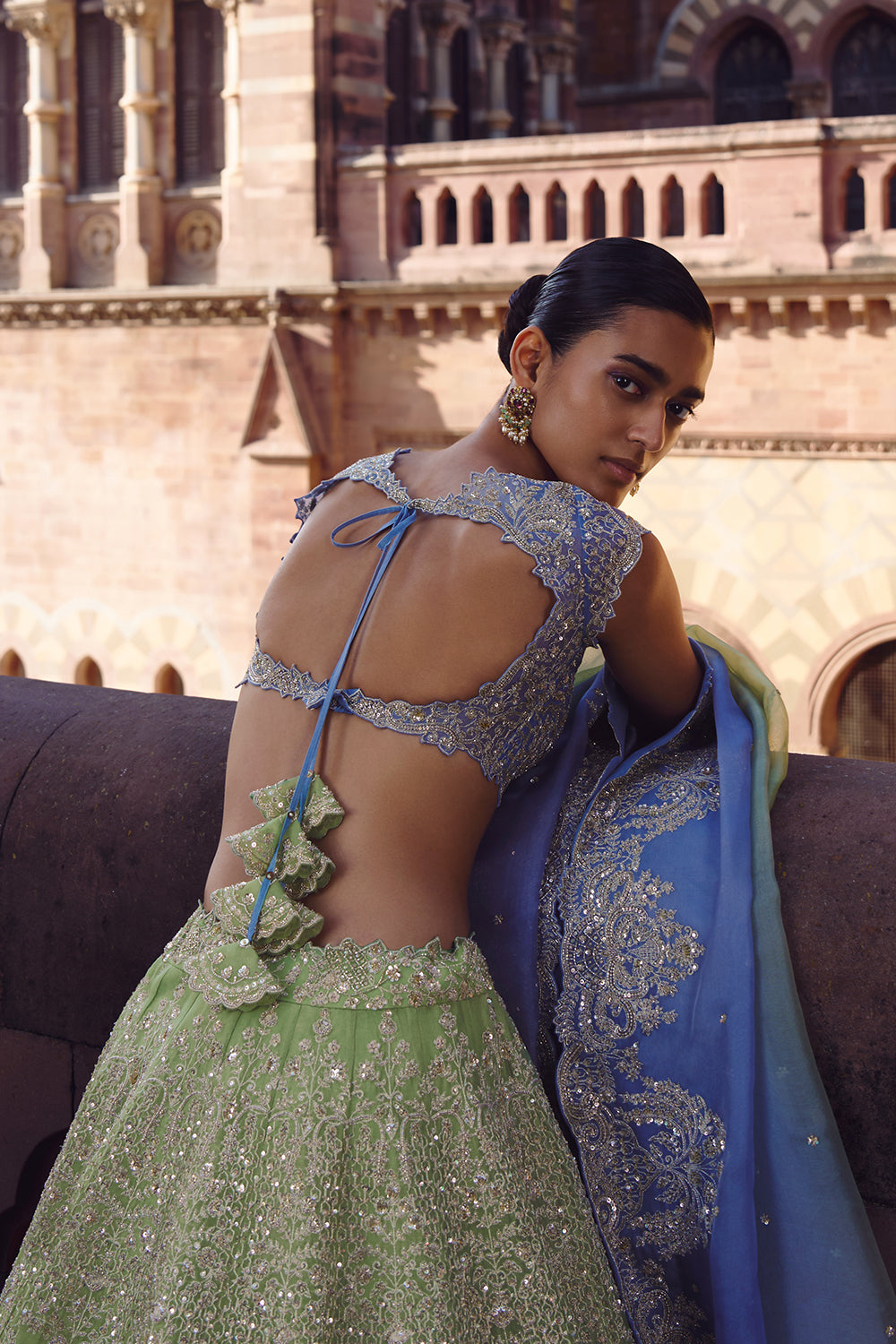 Green To Blue Ombre Crystal Lehenga Set