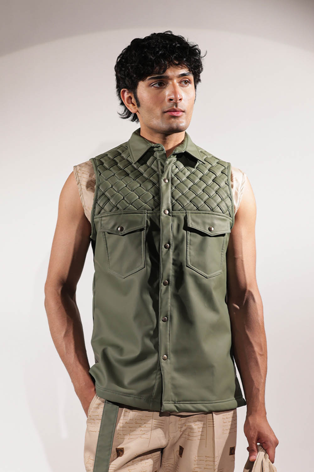 Green Weaving Detail Sleeveless Jacket