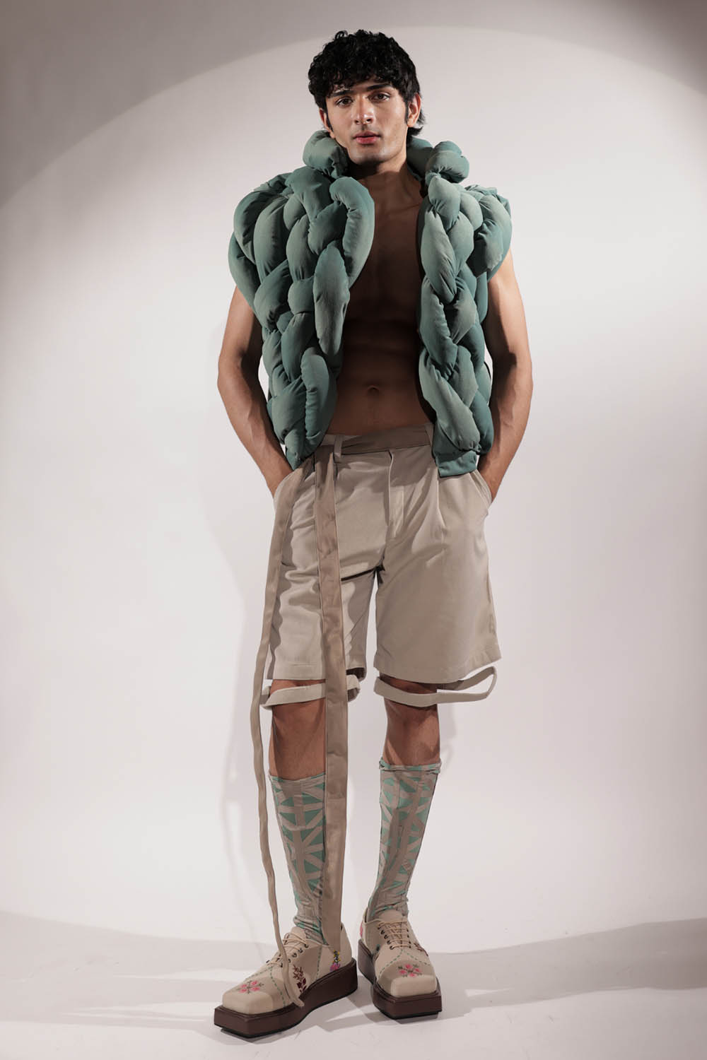 Green Woven Suede Puffer Jacket