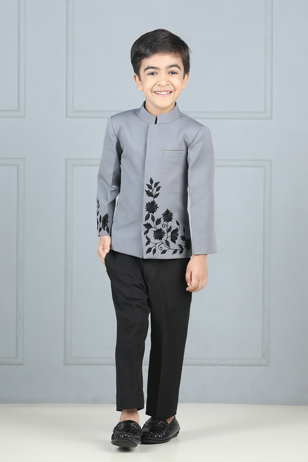 Grey and Black Bandgala with Thread Embroidery