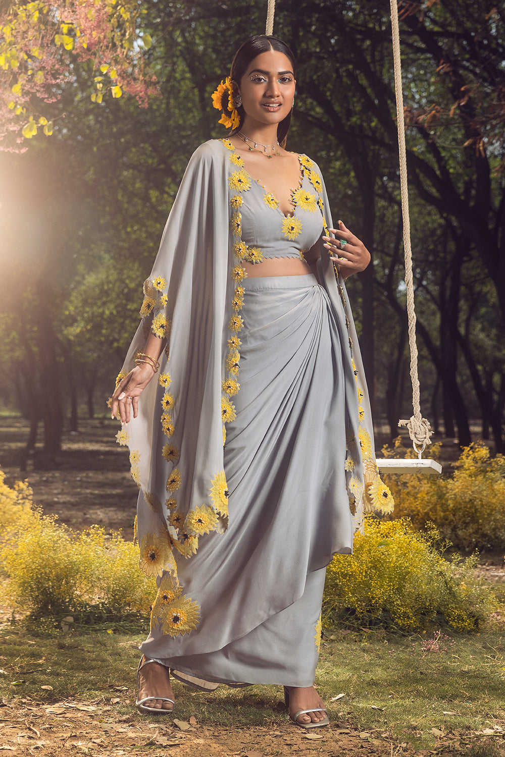 Grey Draped Skirt With Blouse And Jacket