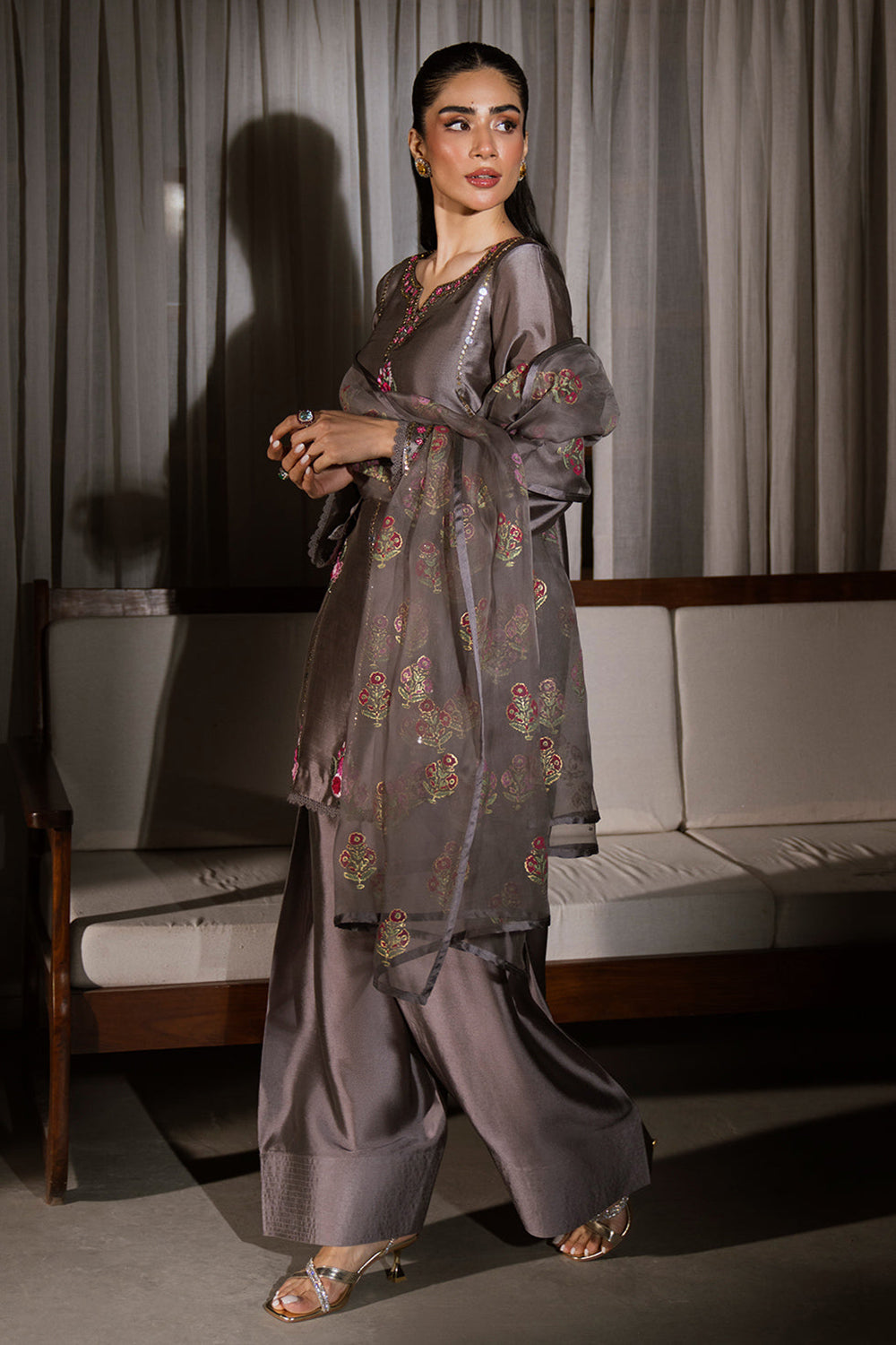 Grey Embroidered Gajji Silk Farshi Suit Set