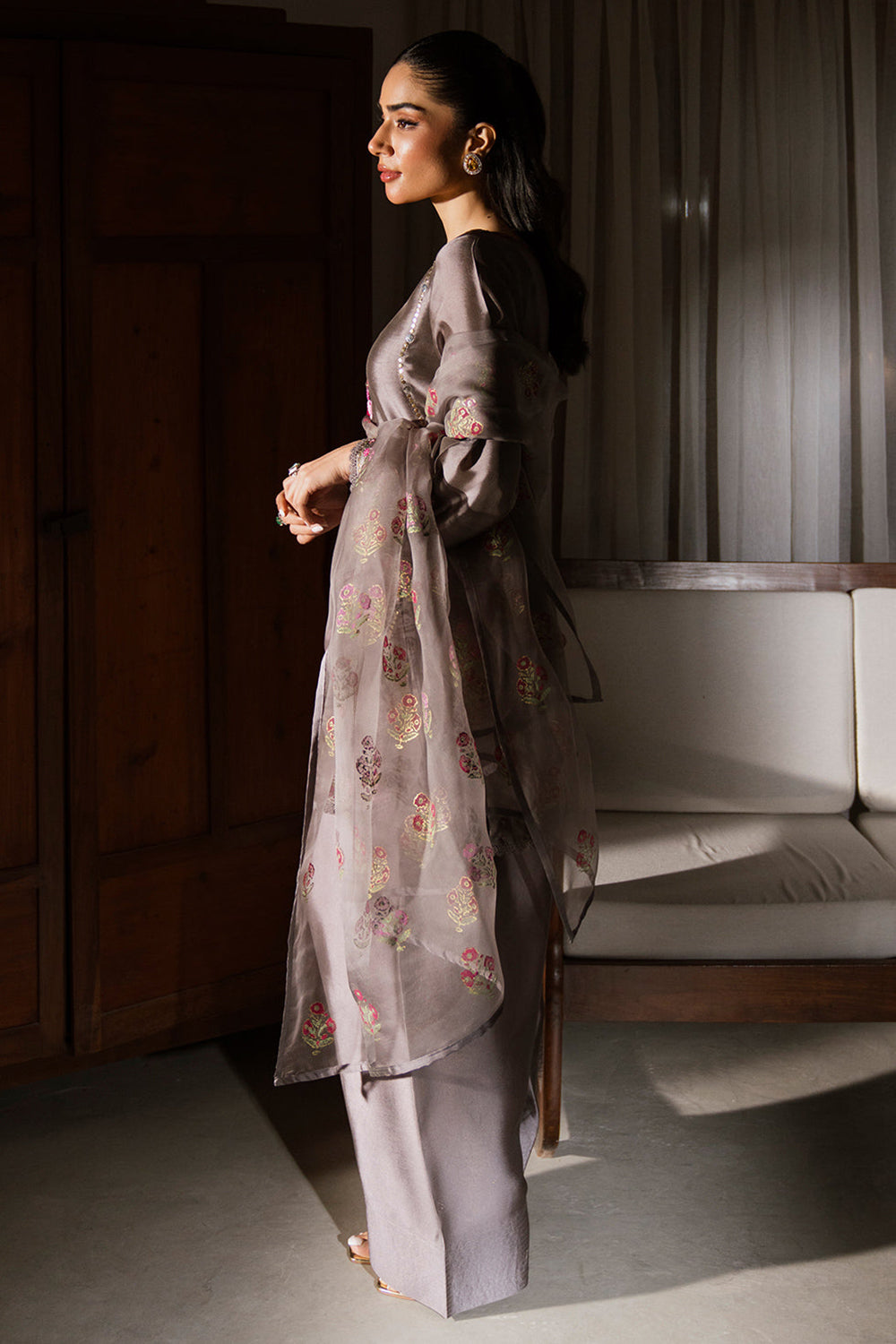 Grey Embroidered Gajji Silk Farshi Suit Set