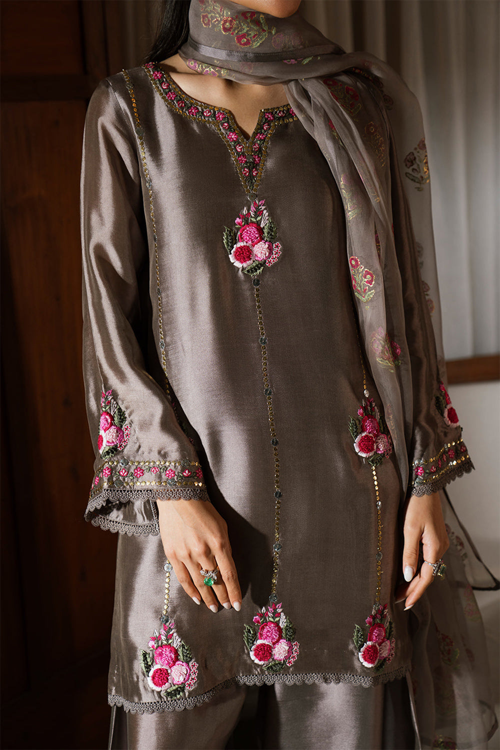 Grey Embroidered Gajji Silk Farshi Suit Set