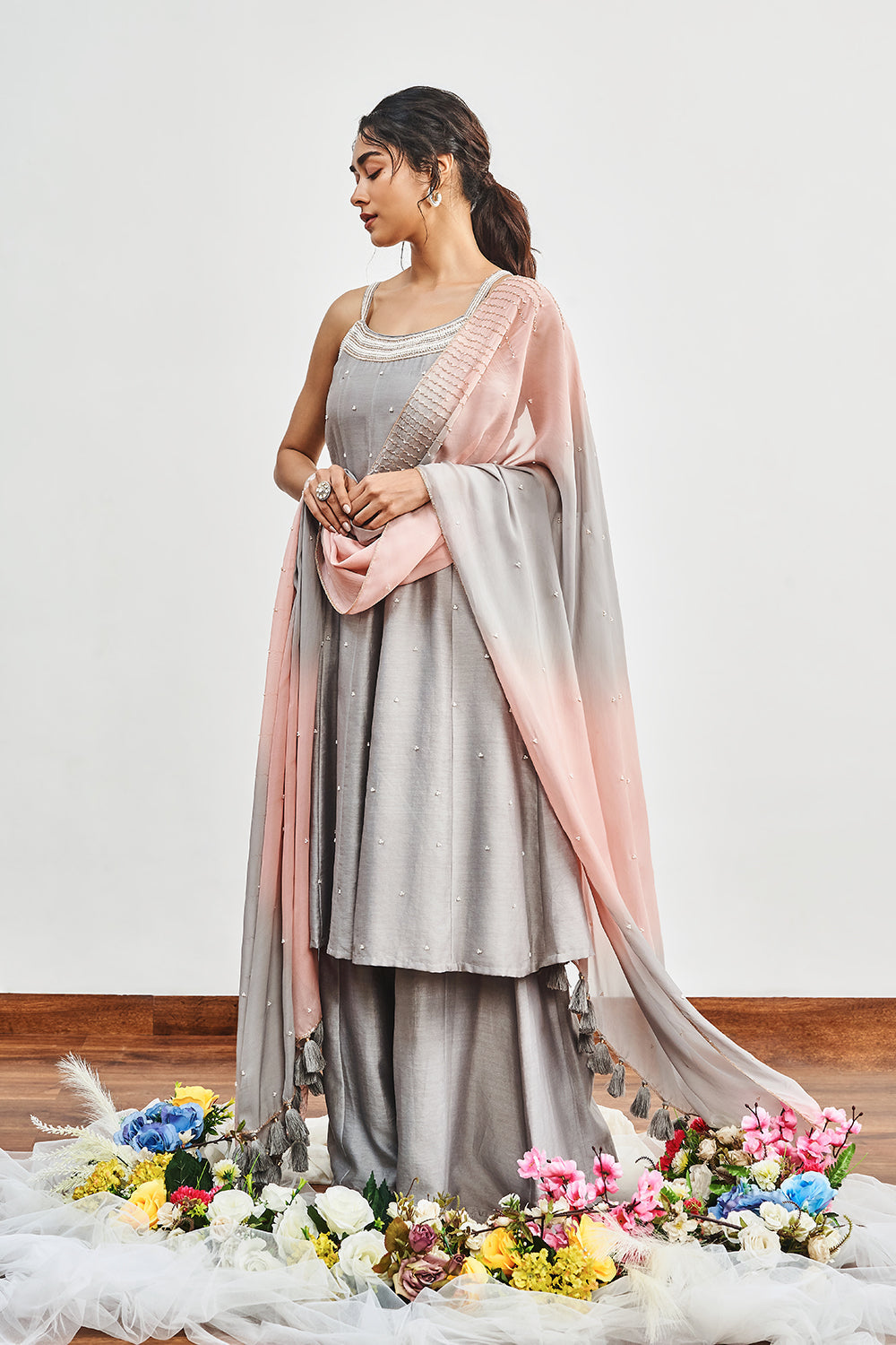 Grey Kalidaar with Grey X Pink Shaded Dupatta