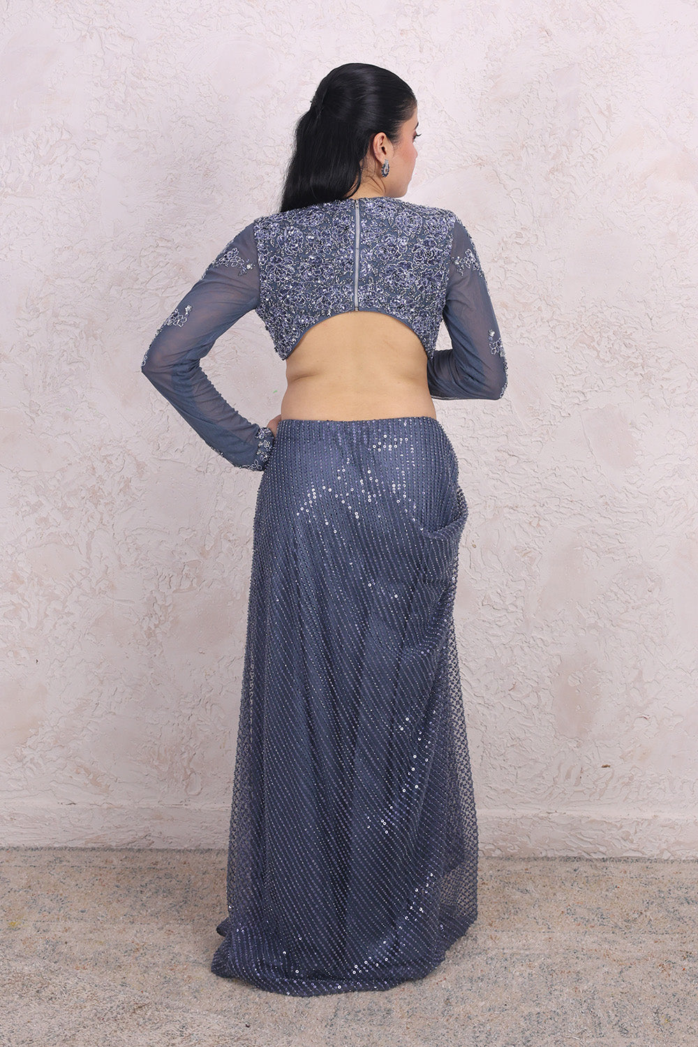 Grey Skirt and Embellished Full Sleeves Top Set