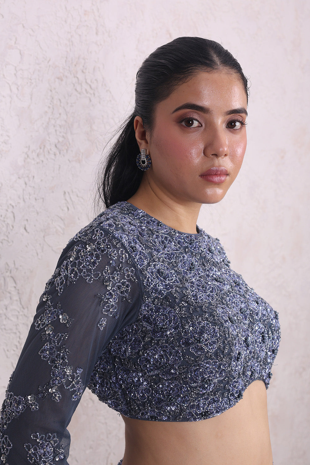 Grey Skirt and Embellished Full Sleeves Top Set