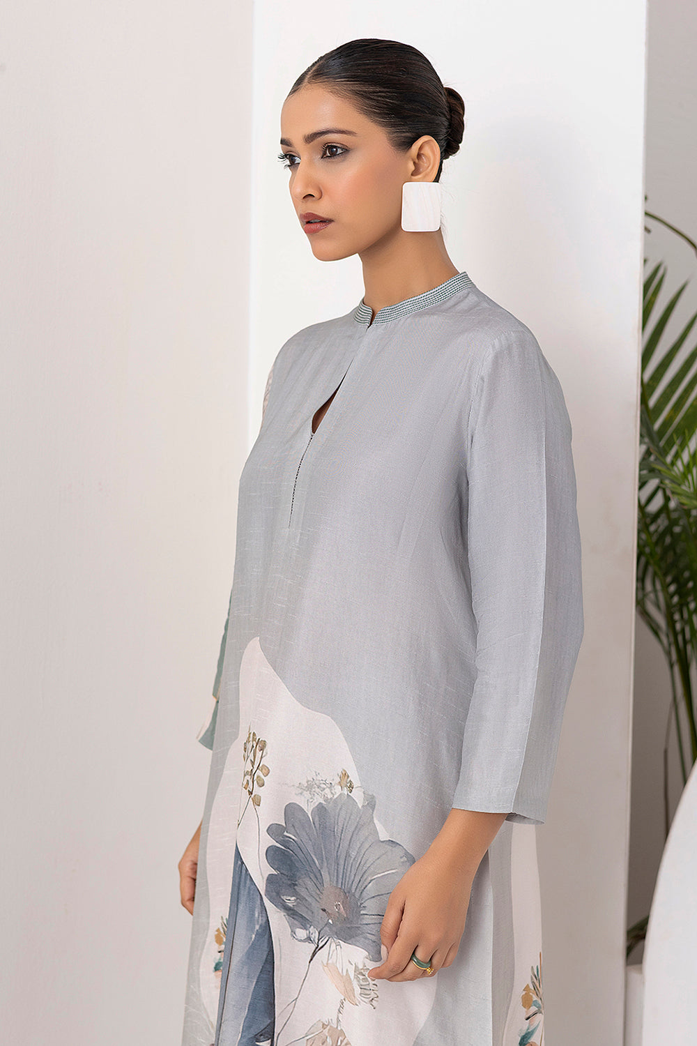 Grey Viscose Dupion Printed Tunic