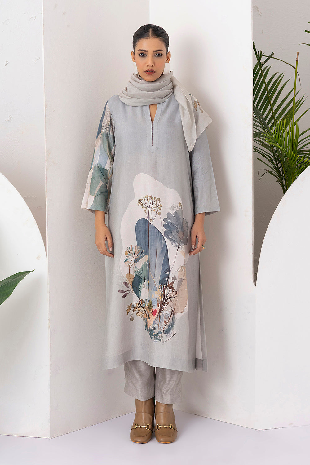 Grey Viscose Dupion Printed Tunic