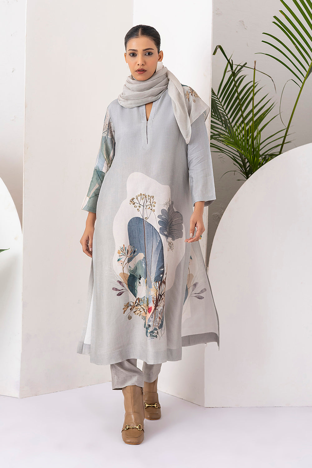 Grey Viscose Dupion Printed Tunic