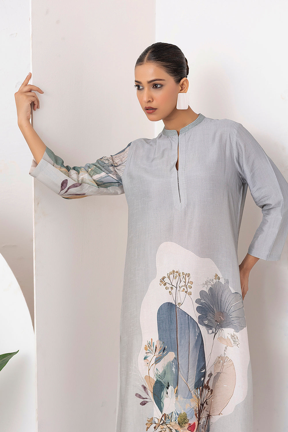Grey Viscose Dupion Printed Tunic