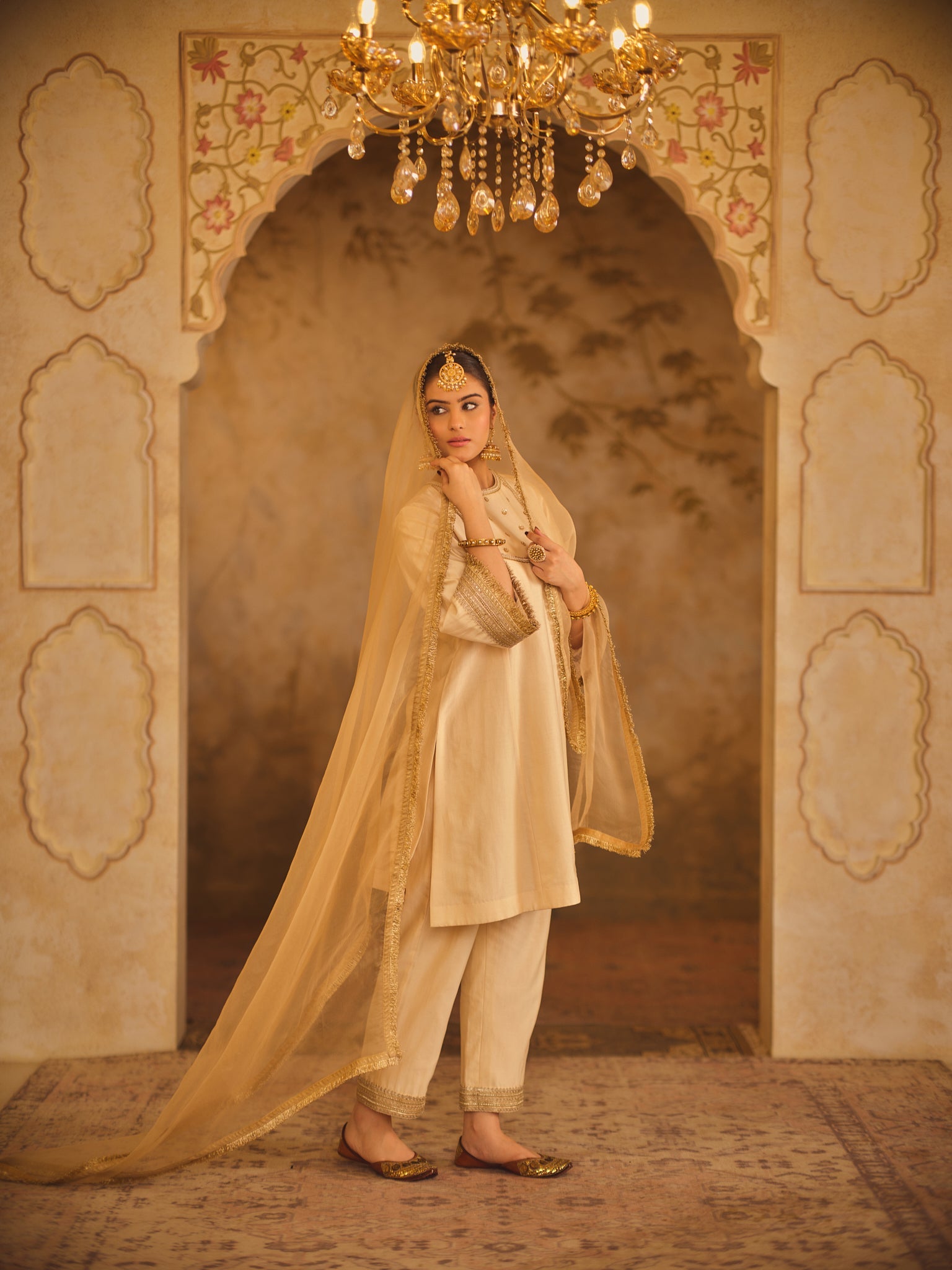 Gulbano Cream Zero-Neck A-Line Kurta Set