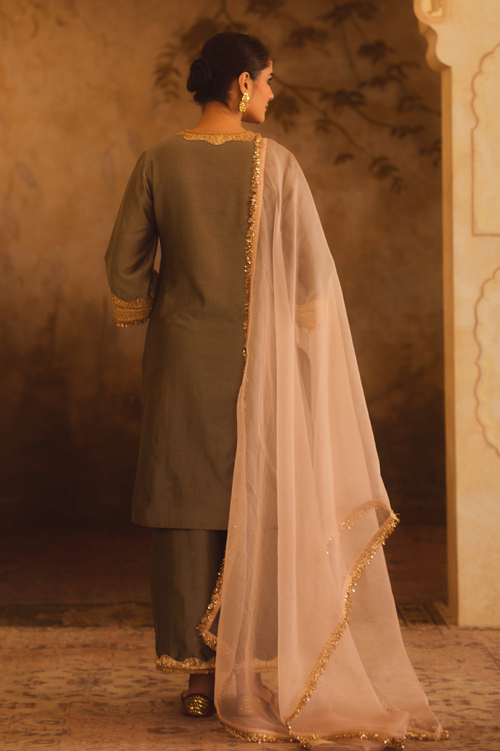 Gulbano Green V-Neck A-Line Kurta Set