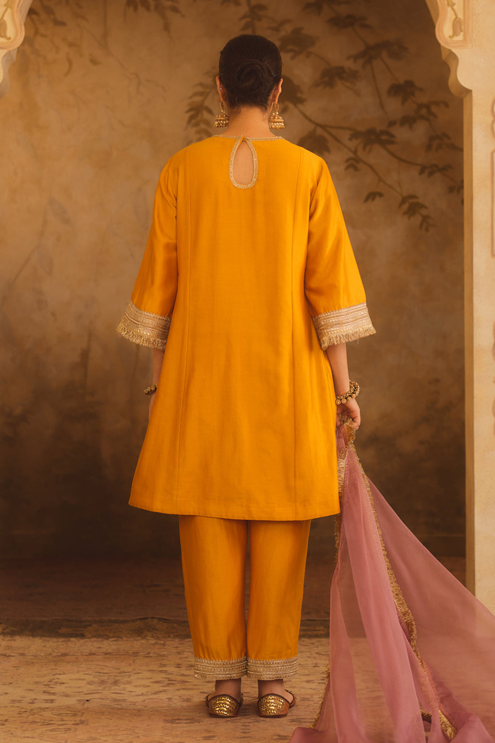 Gulbano Mustard Zero-Neck A-Line Kurta Set